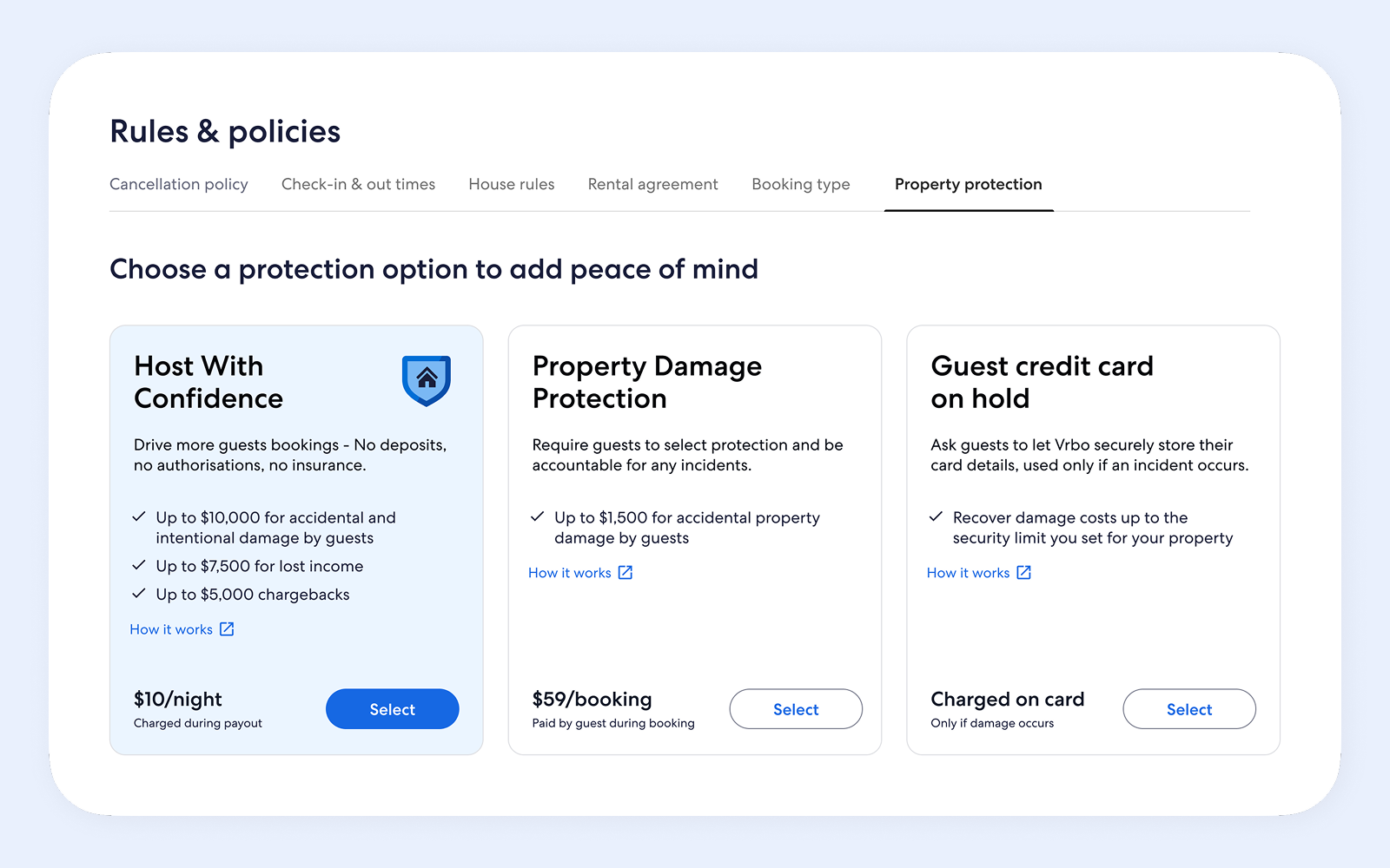 Property protection in Rules & policies: Host With Confidence, Property Damage Protection, and Guest credit card on hold as equal-height cards