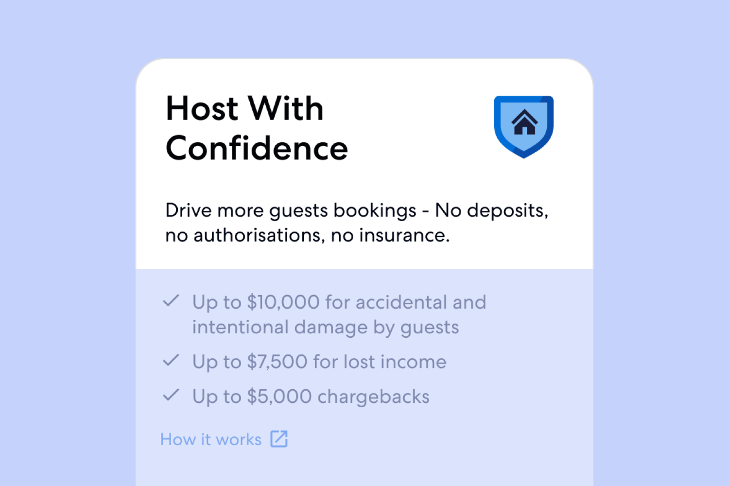 Host With Confidence card leading with the value line about no deposits, authorisations, or insurance, above the coverage list