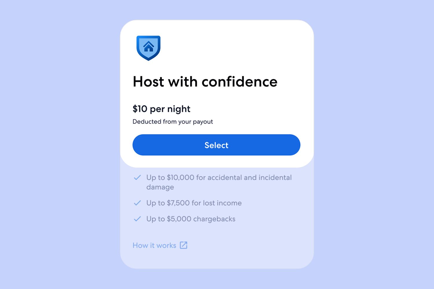 Host with confidence card leading with $10 per night and Select, with the coverage list below