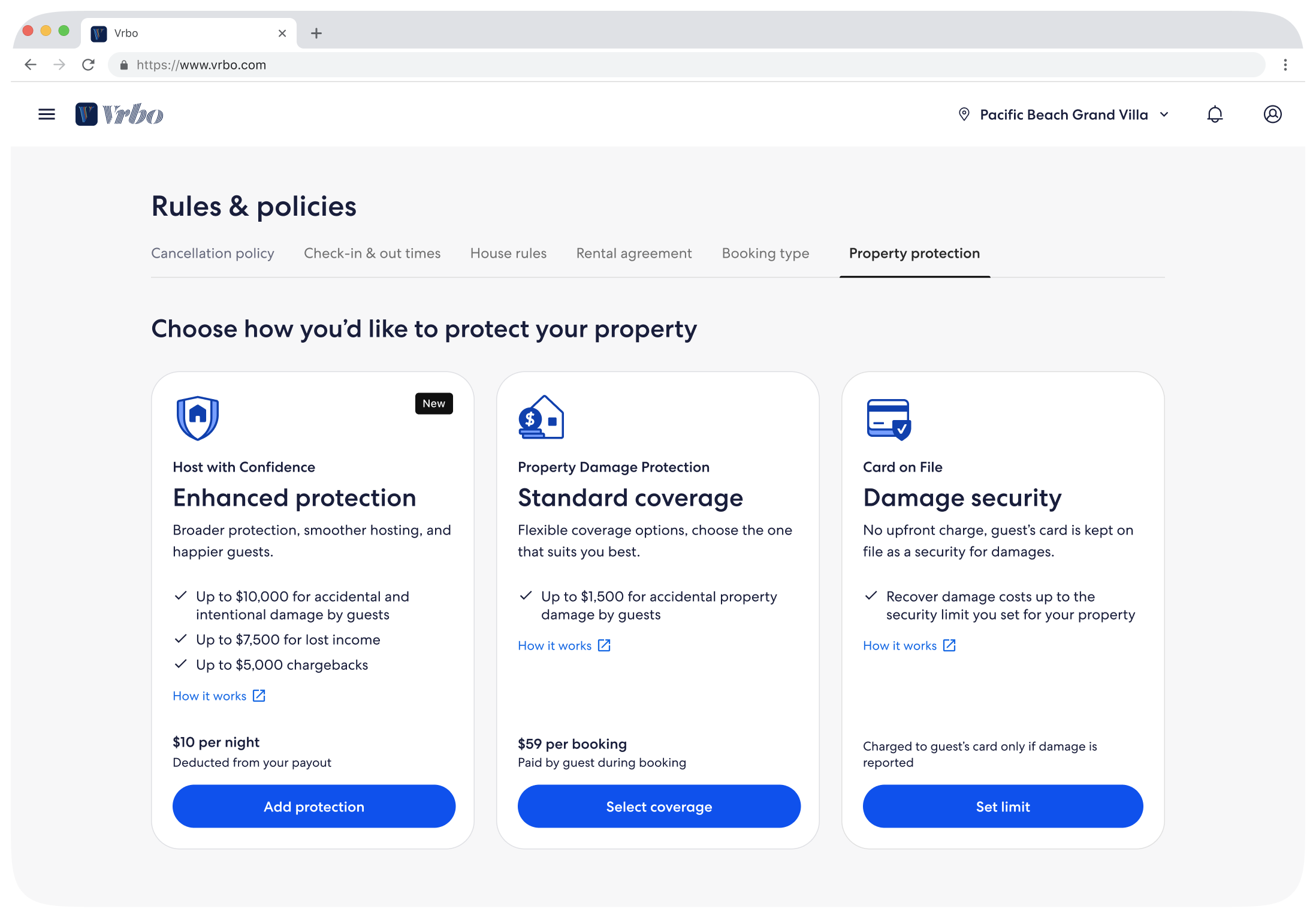Vrbo Rules & policies on desktop: Property protection tab with Host with Confidence enhanced protection, Property Damage Protection standard coverage, and Card on File damage security side by side