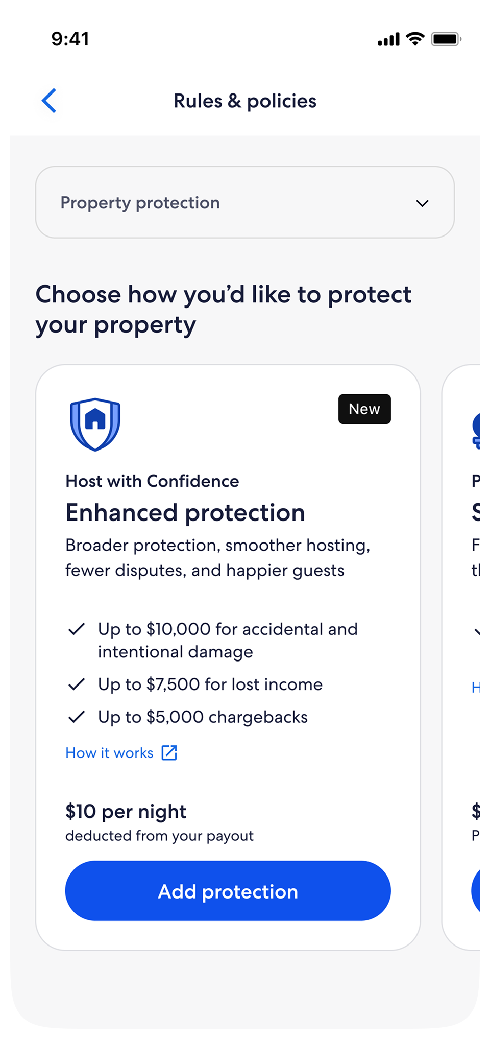 The protection choices on mobile, with one card filling the screen and the next peeking in from the right