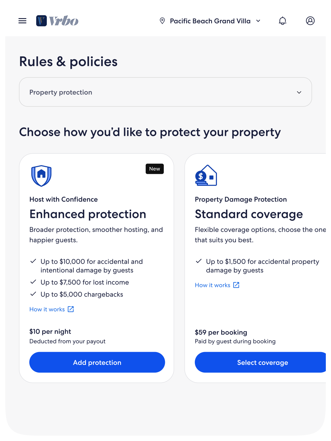 The same protection choices on tablet, with the Property protection selector collapsed and two cards visible in a scrolling row