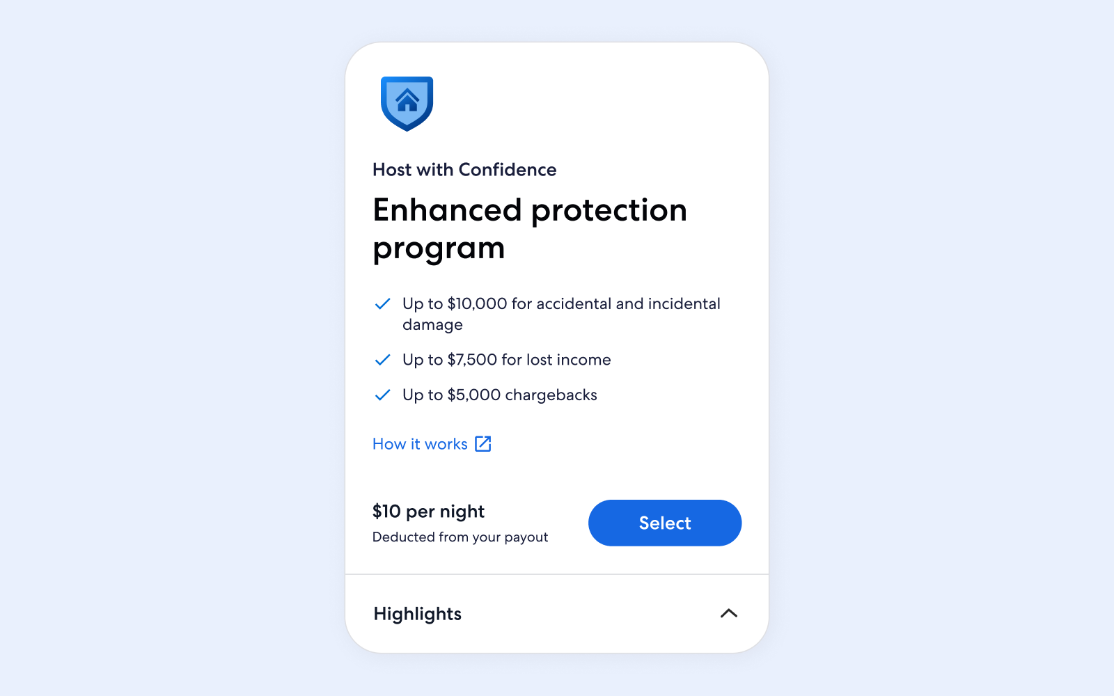Enhanced protection program card: coverage list and How it works above $10 per night, Select, and an open Highlights row