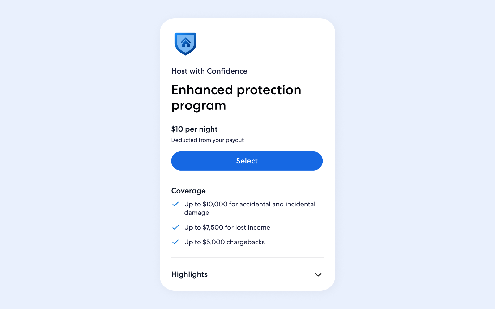 Enhanced protection program card leading with $10 per night and Select, then a Coverage list and collapsed Highlights