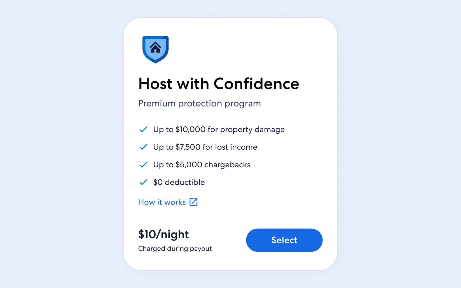 Host with Confidence premium protection card listing property damage, lost income, chargebacks, and a $0 deductible