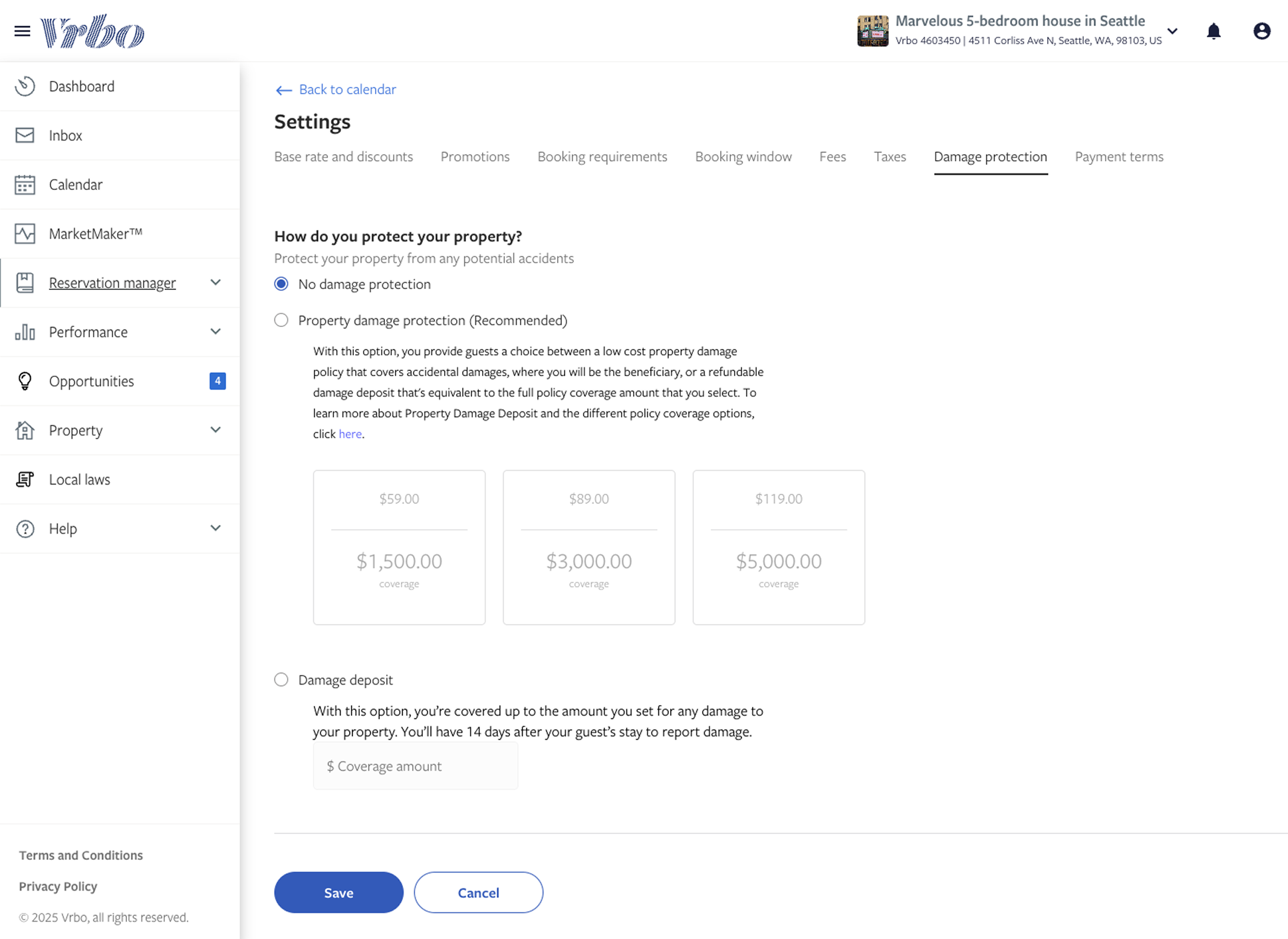 The existing Vrbo damage protection settings: no protection, property damage protection with coverage tiers, and a damage deposit