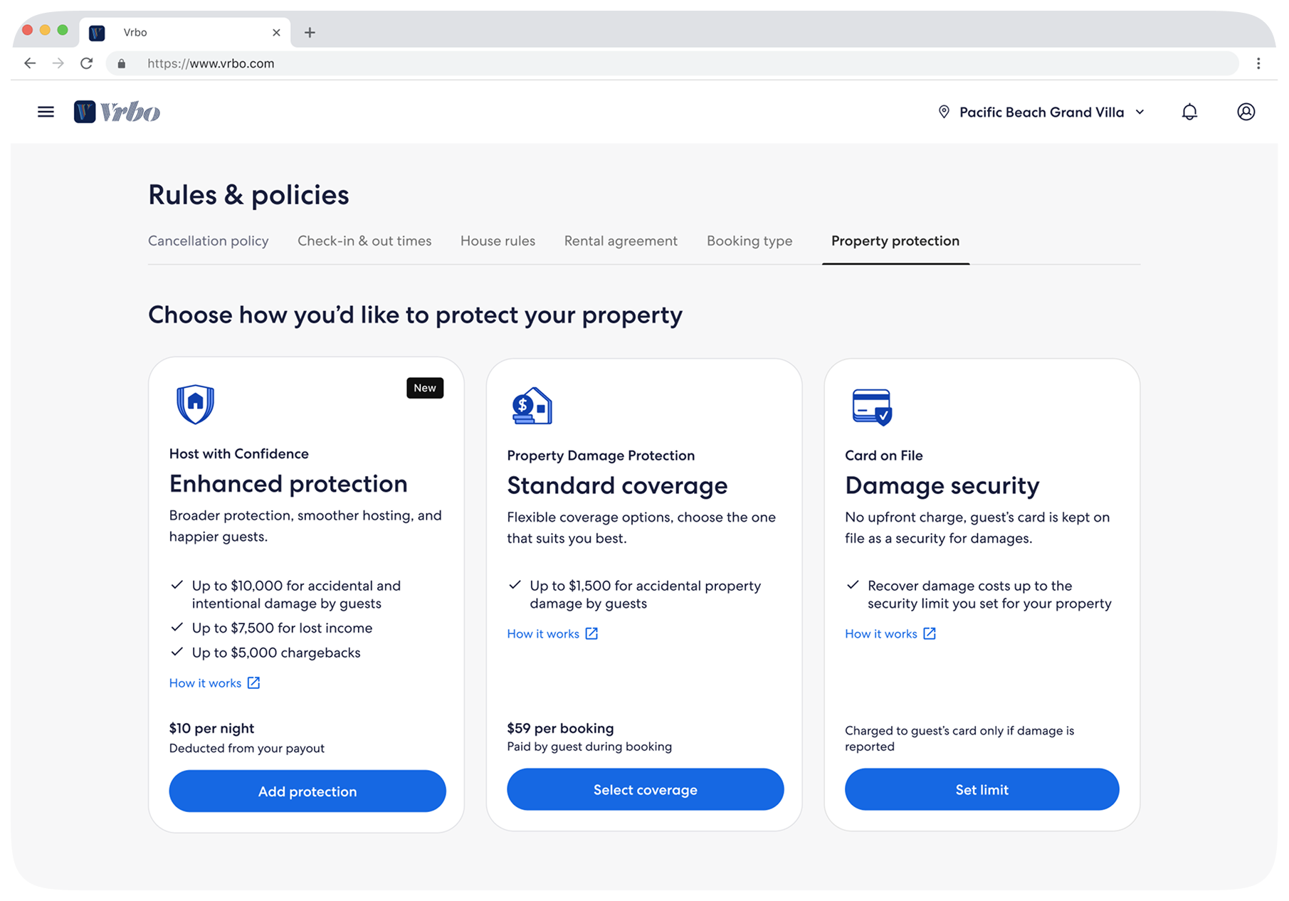 Vrbo property protection page with Enhanced protection, Standard coverage, and Damage security options